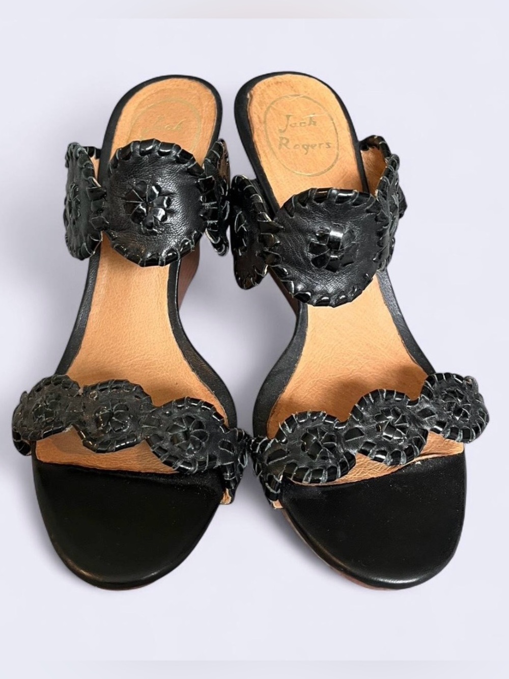 Jack Rogers Black Leather Woven Medallion Slide Mules